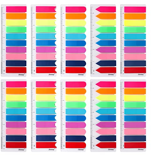 Jiemay 2000pcs Neon Page Markers Sticky Tabs, 10 Bright Colors & 5 Shapes Translucent Writable Flags, Index Tabs for Books/Notebooks/Office, with 5.5 Ruler (Arrow/Wave/Semicircle)