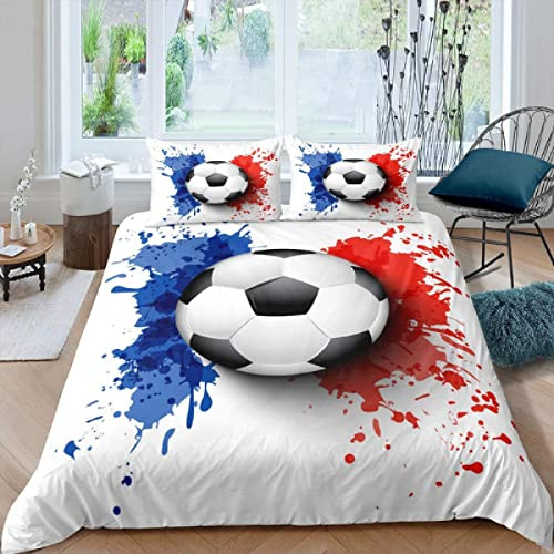 XCWDC Housse de Couette 220x240, Ballon de Foot Blanc Thème Parure de Lit 2 Personnes 3D Imprimée Microfibre + 2 taies d'oreiller 65x65 cm pour Adulte Ado, avec Fermeture éclair
