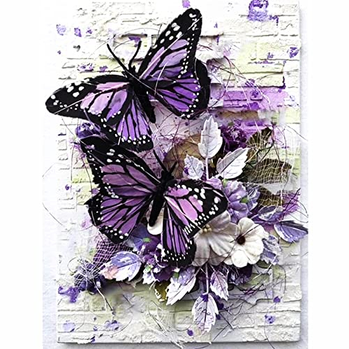 Diamond Painting, 30x40cm 5D Adult Diamond Painting Kits, 5D Diamant Painting Bilder Full Round Drill Kits, DIY Cross Stickerei Malerei Kits für Home Wall Decor(Lila Schmetterling)