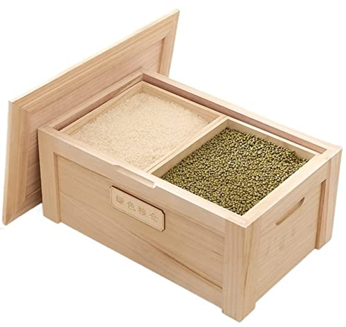 Boite Rangement Cuisine En bois Récipient à riz avec 2 compartiments/couvercles - Petit distributeur de céréales empilable de 5 kg, haricots/noix/stockage de céréales alimentaires