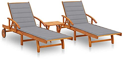 ZEYUAN Sonnenliegen 2 STK. mit Tisch und Auflagen, Gartenliege, Strandliege, Relaxliege Garten, Saunaliege, Poolliege, Campingliege, Liege Garten, Massivholz Akazie