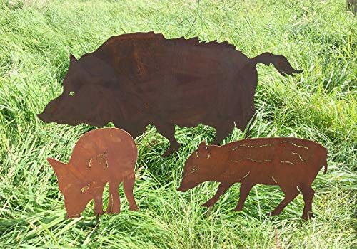 STEINFIGURENWELT GIEBEN 3er Set Wildschwein-Familie Wildschwein 110x50cm Frischlinge 30cm zum Stecken Gartenstecker Edelrost Gartendeko Wetterfest Rost Gartenfigur Metall Rostfigur Tier Waldtier