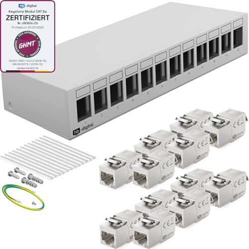 HB-DIGITAL SET: 12-Port Patchpanel Carcasa para módulos Keystone + 12x Cat.6a Keystone GHMT certificado RJ45 hembra Jack para instalación en red compatible con cable LAN Ethernet gris claro