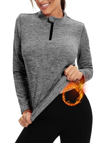 Damen Fleece Laufshirt Fleecepullover Langarm, 1/4 Reißverschlus Funktionsshirt Thermo Atmungsaktive Sportshirt Fitness Shirt Winter Warm,Grau,L
