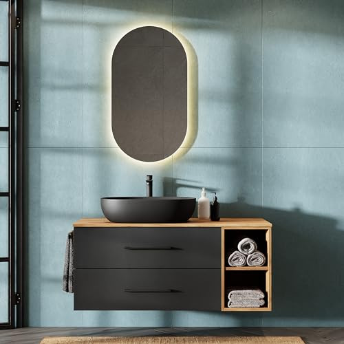 Planetmöbel LUX Set di mobili da bagno, composto da lavabo con mobiletto sospeso 120 cm, incluso lavabo soprapiano 60 cm nero, mobiletto sottolavabo in oro rovere/antracite