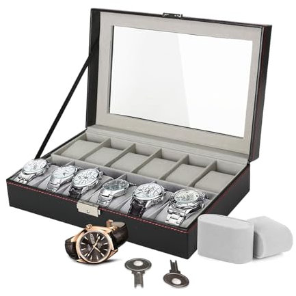 LKH Watch Box 12 Slot - Premium Watch Storage Case with Metal Clasp Lock & 2 Keys, Faux Leather With Removable Pillows Watch Organizer for Men & Women, Display Case with Glass Lid & Pillows