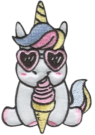 Catch the Patch Einhorn Sonnenbrille Eis Aufnäher zum Aufbügeln Fantasy 5,3 x 8 cm Bügelbild für Kinder Mädchen mit Glitzer Regenbogen Prinzessin, Bastel DIY Mitbringsel Kindergeburtstag Geschenk