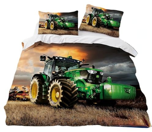 Tractor Bettwäsche 135x200 Jungen, Traktoren Bettbezüge Set, Mähdrescher Design Kinderbettwäsche Mit Reißverschluss, 2 Teilig (A1,135x200 cm + 80x80 cm)