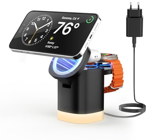 JoyGeek Ladegerät Faltbar 3 in 1 Kabellose Ladestation für i Phone Air/17/16/15/14/13/12 Serie, Wireless Charger mit einstellbarem Nachtlicht für iWatch 11-2/SE/Ultra,für Air Pods 4/3/2/Pro