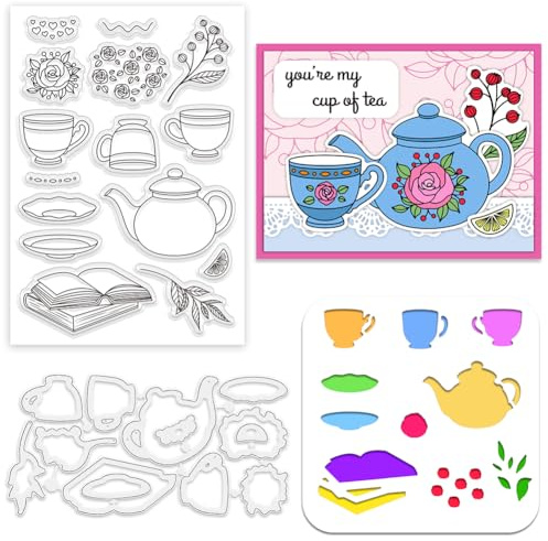 INFUNLY 3 Stück Tee Tasse Stempel Und Stirbt Blume Schneiden Stirbt Teekanne Transparent Stempel Zum Karte Herstellung Teetasse Schneiden Schablone Herz Metall Sterben Schneiden Zum Diy Scrapbooking