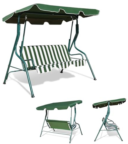 KOMFOTTEU Hollywoodschaukel 3 Sitzer, Schaukelbank mit Verstellbarem Sonnendach, Gartenschaukel Hängebank mit Stahlrahmen, Schaukelstuhl 200kg belastbar, 172x110x154 cm (Grün & Weiß)