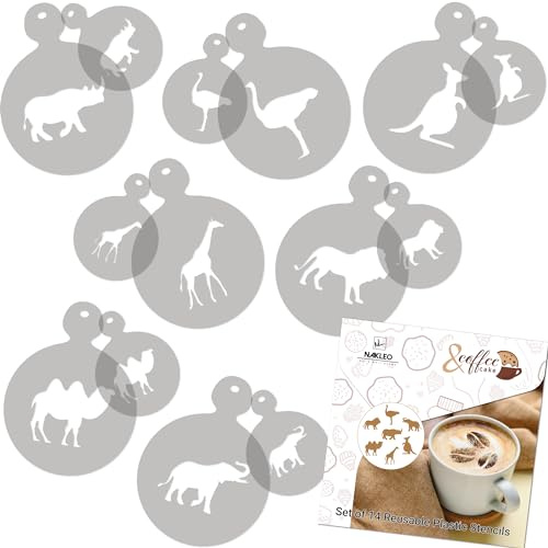NAKLEO Coffee Stencils and Cookies Decoration 14Pcs 7x7 and 11x11cm, Reusable Plastic Baking Templates, Animals Lion Kangaroo, Barista DIY Art Craft, Capuccino Latte Chocolate Cake Biscuit Kitchen