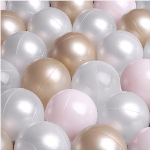 MISIOO Bolas para piscina de bolas 150 unidades – Ø 6 cm – Bolas de plástico de 100% LDPE – Rosa claro/perlas/oro – perfectas para jugar de forma segura y elementos decorativos en la habitación de los