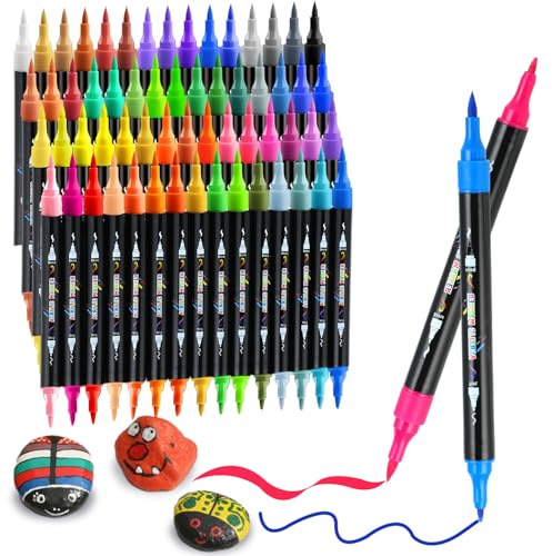 60 Colours Acrylic Paint Pens for Rock Painting Fabric Glass Stone Ceramic Wood Metal, Dual Tip Acrylic Markers Set for Easter Egg Pumpkins Christmas, Arts and Crafts for Adults