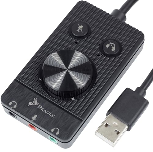 Reagle Tarjeta de sonido externa USB – 48 kHz/16 bits de audio, conectores jack de 3,5 mm, Plug & Play, control de volumen, silencio de micrófono y auriculares, compatible con Windows, Mac OS, Linux