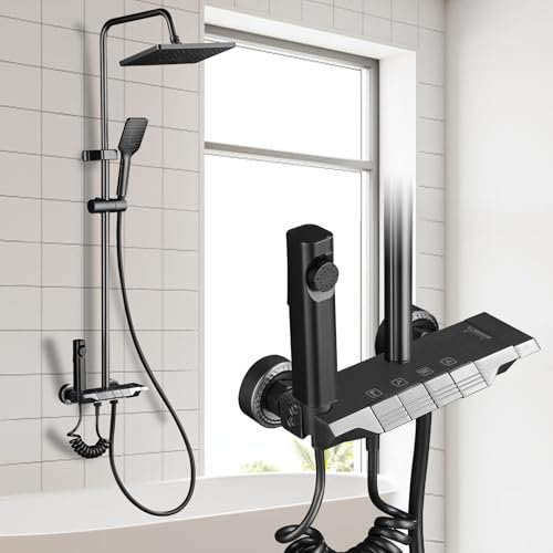 Julymoda Columna de ducha con mezclador de aluminio, kit de ducha de hidromasaje con alcachofa de 30 x 20 cm y alcachofa de ducha con 3 modos de piano, 4 funciones, cascada, alcachofa de altura