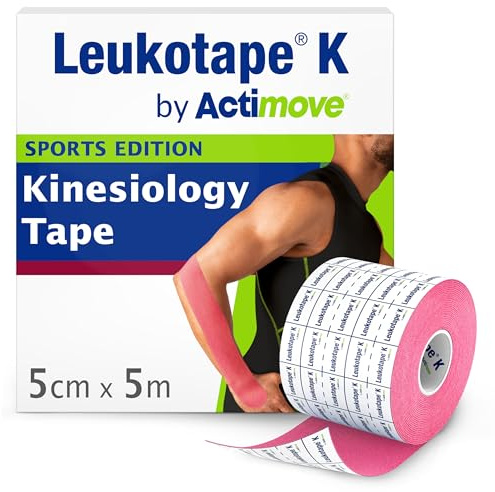 Leukotape K by Actimove Sports Edition Kinesiology Tape, 5cm x 5m1 Roll | Pink, Water-Repellent, Skin-Friendly, Stays in Place for up to 9 Days