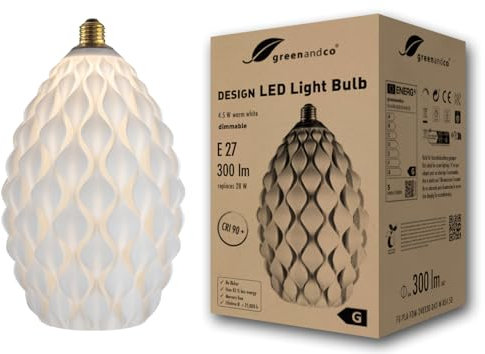 greenandco lampada di design a LED bianca | Fiore | dimmerabile | E27 | 4,5W 300lm | 3000K bianco caldo | CRI 90+ | senza sfarfallio | 180° | 230V | PLA biodegradabile | 170 * 283mm