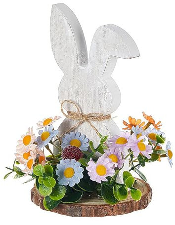 MISNODE Decorazioni Pasquali per la Casa, Centrotavola Centrotavola Pasquale in Legno Rustico, Coniglio Bianco con Fiori Decorazioni Pasquali per la Tavola, Graziosi Regali (A)