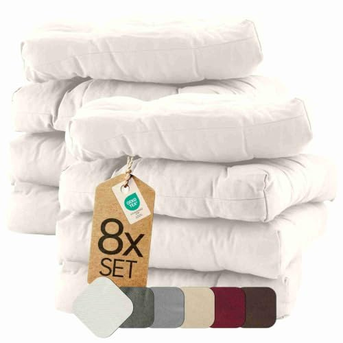 etérea Sitzkissen 42x42 cm 8er Set - Creme 8 cm hoch - Bodenkissen für Indoor, Outdoor, Küche, Garten, Auflage - Heidi Stuhlauflage - 8 Stück Stuhlkissen 40x40 cm Creme