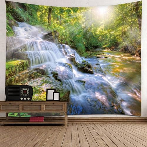 Musihy Wandbehang Wandteppich | Polyester Sonnenschein-Strom-Wasserfall-Bäume Wandteppiche für Wohnzimmer, Wohnkultur | Grün Weiß, 240x220cm