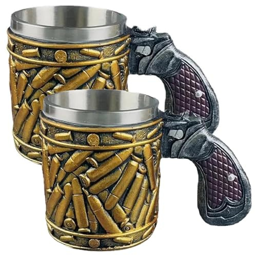 Revolver Coffee Mugs with Bullet - 2Pcs Cool Guns Mugs for Men, 450ml Novelty Pistola Shaped Stainless Steel Beer Mug, Fathers Day Dad G'ift, Creative Pistola Handle Cups, for Cappuccino Latte Hot Tea