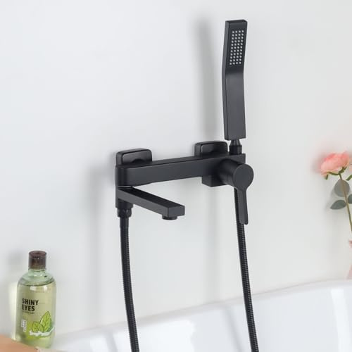 PHASAT Wandmontage Badewannenarmatur mit Handbrause, Badewannenarmaturen mit 90 ° drehbarer Auslauf, Armatur Badewanne Set Schwarz PTBB19E