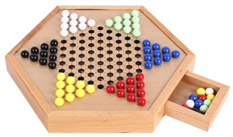 Jeu De Dames Chinoises en Bois-avec Billes De Verre Colorées,Jeu De Dames,Chinoises Classique Dames Chinoises Stratégie Colorées Extérieur,intérieur pour Jeu De Société Éducatif Dames