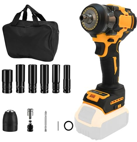 1/2 Cordless Impact Wrench for Dewalt 20V Battery, 500N.m 2400RPM Brushless Impact Driver with 6 Impact Sockets and Storage Bag, Carry Box for Car Tire Truck（No Battery）