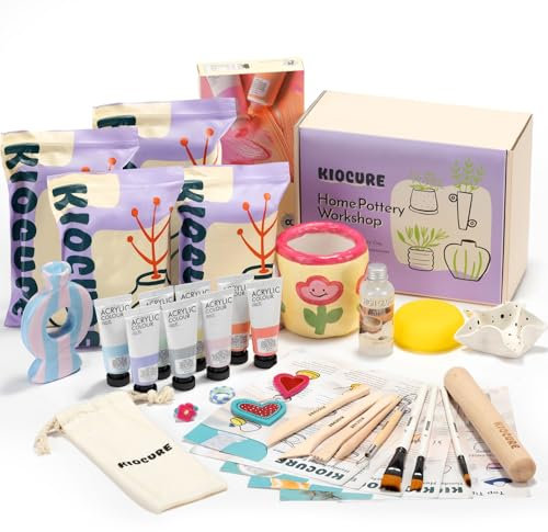 Kiocure Töpferset für Zuhause Pottery Set: Ton zum Töpfern lufttrocknend für Erwachsene & Kinder, DIY Set Erwachsene Ton Set mit Modellierwerkzeug, Acrylfarben, Töpfern Zuhause für Anfänger