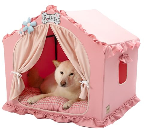 Jiupety Caseta para perros interior con marco, lavable, plegable, para interior, cama para perros con techo para 9-18 kg, tamaño L, 64 x 64 x 64 cm, rosa