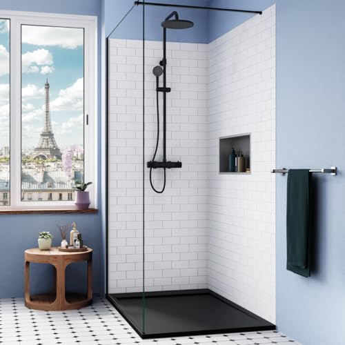 Ceramia Piatto Doccia in Pietra Sintetica | Antiscivolo, Effetto Pietra | Installazione da Appoggio o a Filo Pavimento | Nero 120x80 cm