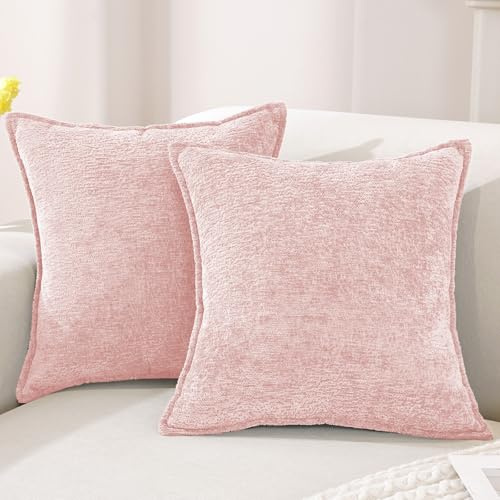 YSTELLAA Chenille Kuddfodral 2 Stycken, 40×40cm, Mjukt Kuddöverdrag Med Osynlig Dragkedja, Tvättbart Fyrkantiga Modern Kuddskydd, Överdrag För Prydnadskudde För Soffa Hem Sovrum, Puderrosa