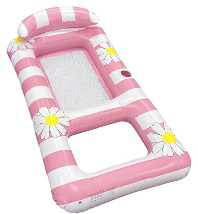 Aufblasbarer Poolsessel – Quadratisch gestreiftes Netz-Schwimmbett mit Kissen, PVC, Einzel-Wasserablauf, Hängematte, Schwimmbecken, tragbares, faltbares Wasserbett mit Rückenlehne – Perfekt für Entspa