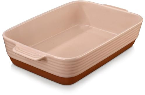 MALACASA Serie TARA, Fuente de Horno de Gres con Asas de 4500ml (40 x 8,7 cm), Ideal para Lasañas, Gratinados y Asados, Apta para Horno y Lavavajillas, Blanco Vainilla con Esmalte de Sésamo y Caqui