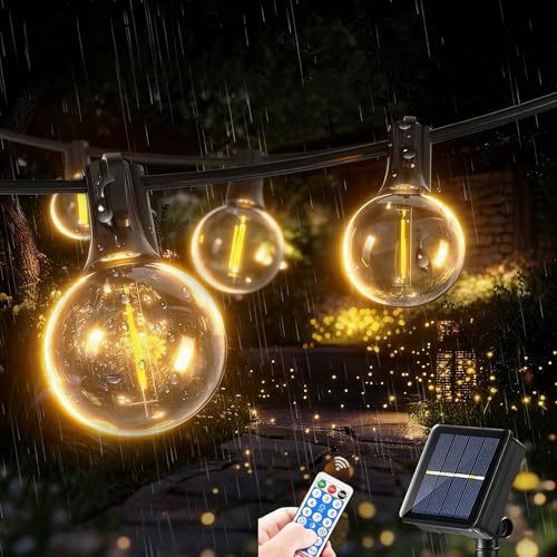 FIBRAVE Guirlande lumineuse solaire G40 d'extérieur avec télécommande de 6,1 m, chargement USB et solaire double, étanche, 8 modes 3 minuteries, ampoules LED incassables pour camping, arrière-cour