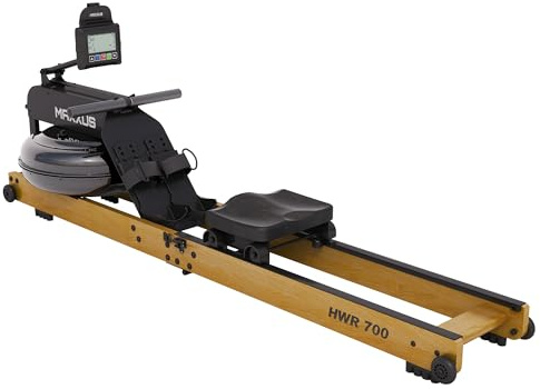 MAXXUS® Rudergerät HWR 700 aus Holz mit Wasserwiderstand und Bluetooth | Klappbares Wasserrudergerät mit App-Anbindung, 360°-Rollen, verstellbaren Pedalen, PU-Sattel und Schaumstoffgriffen