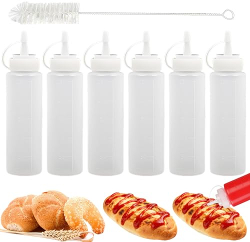 6Pcs 250ML Squeeze Bottles with Cleaning Brush, Squeeze Bottle With Nozzle Condiment Dispensers With Caps, Ideal for Ketchup, Bbq Sauce, Syrup & Dressings, Perfect for Kitchen Prep, Picnics & Dining