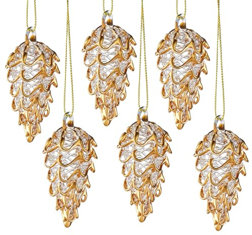 Gesponnenes Glas Tannenzapfen Weihnachtsschmuck für Baum, Kristall Tannenzapfen Ornament Bulk für Weihnachtsbaum, 2025 geblasenes Glas, Heimdekoration, Weihnachtsgeschenk, 6 Stück