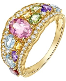 Wycian Verlobungsring Natur Engagement Ring Gold 18 Karat Oval mit Bunten Natürlichen Edelsteinen Größe 45 (14.3) Massiv, Nicht Plattiert Mode für Gattin Geburtstag Schmuck