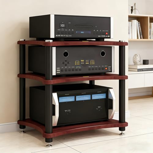 RAJYQODIS Heavy Duty Audio Component Rack, Large Storage Space AV Media Stand with Shock-Absorbing Foot pegs, Audio Rack Tower CD Player Stand for Home/Office/Audio Video/Theate (Teak, 3rd)