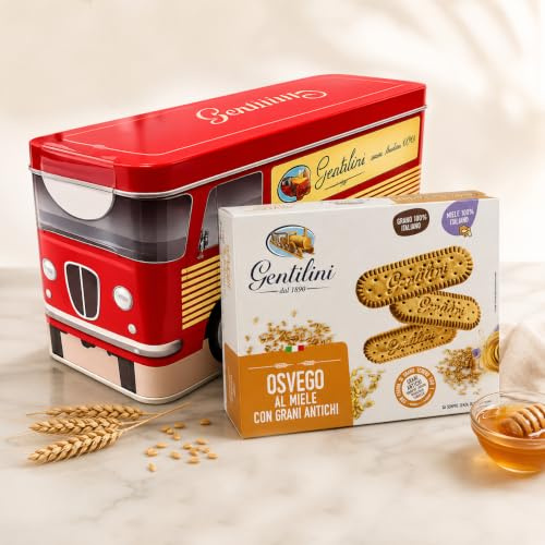 Gentilini Offerta Colazione con Latta Portafette Vintage, Fette Biscottate Classiche 185g e Osvego al Miele con Grani Antichi 500g – Confezione Regalo, Totale 685g