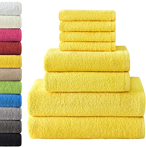 NatureMark 8 unidades. Juego de toallas de rizo en diferentes tamaños, 4 toallas para invitados, 2 toallas de mano, 2 toallas de baño, color: amarillo, 100 % algodón
