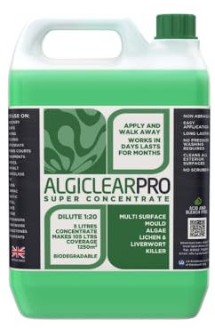 Algiclear Pro Concentrate - Green Algae, Liverwort & Mould Remover for Large Outdoor Spaces – Cleans & Brightens Fences, Roof Tiles, Solar Panels, Concrete, Tarmac & Bricks up to 1250 m² - 5 Litres