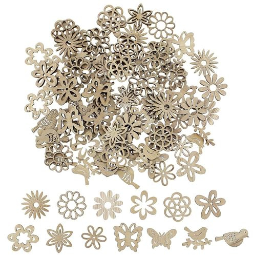 NewZC 100 Stück Holzscheiben Blumen Naturholzscheiben Streudeko Tischdeko für Weihnachtsbaum Anhänger Hochzeit Basteln DIY Dekoration