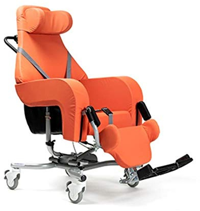 FabaCare Pflegerollstuhl mit Liegefunktion Altitude, Multifunktionsrollstuhl neigbar, Sitzschalenstuhl, Orange, Sitzbreite 48 cm