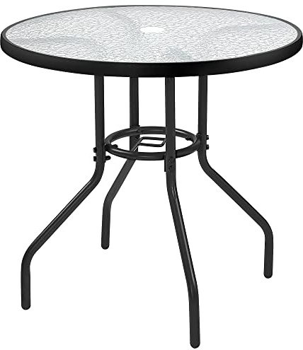 Yaheetech Round Patio Folding Coffee Table, 70cm Dia. x 73cm H, Clear | Outdoor Folding Garden Table | Round Tempered Glass Top with Umbrella Hole | For Balcony Backyard Lawn and Garden