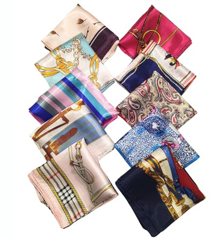 10PCS Echarpe carrée en soie pour femmes, foulard de tête, bandeau pour cheveux, multifonctionnel, imprimé, petit foulard en satin 50 x 50 cm (couleur au hasard)