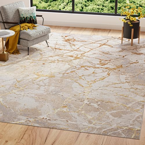 TAPISO Golden Teppich Wohnzimmer Kurzflor Schlafzimmer Luxuriös Creme Gold Abstrakt Linien Meliert Verwischt Modern Design ÖKOTEX 80 x 150 cm