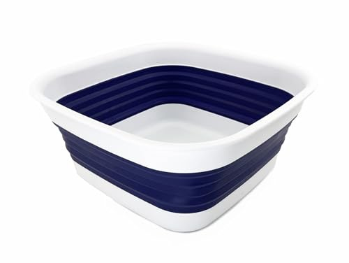 SAMMART 8L zusammenklappbare Wanne – Faltbare Geschirrwanne – tragbares Waschbecken – platzsparende Kunststoff-Waschwanne (Weiß/Marineblau)